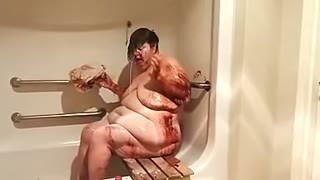 ugly, obese old lady, huge belly, nude shower with chocolate syrup